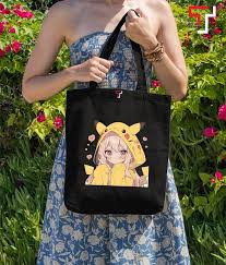 Customizely Cute cartoon girl Printed Black and White Canvas Tote Bag with Zipper for Girls