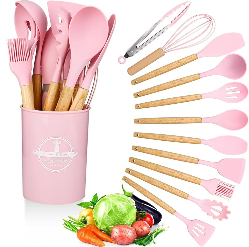 Home Rust-Proof Cooking Good Helper Silicone Kitchenware Set Light Wooden Handle 12-Piece Set Non-Stick Spatula Spoon Storage