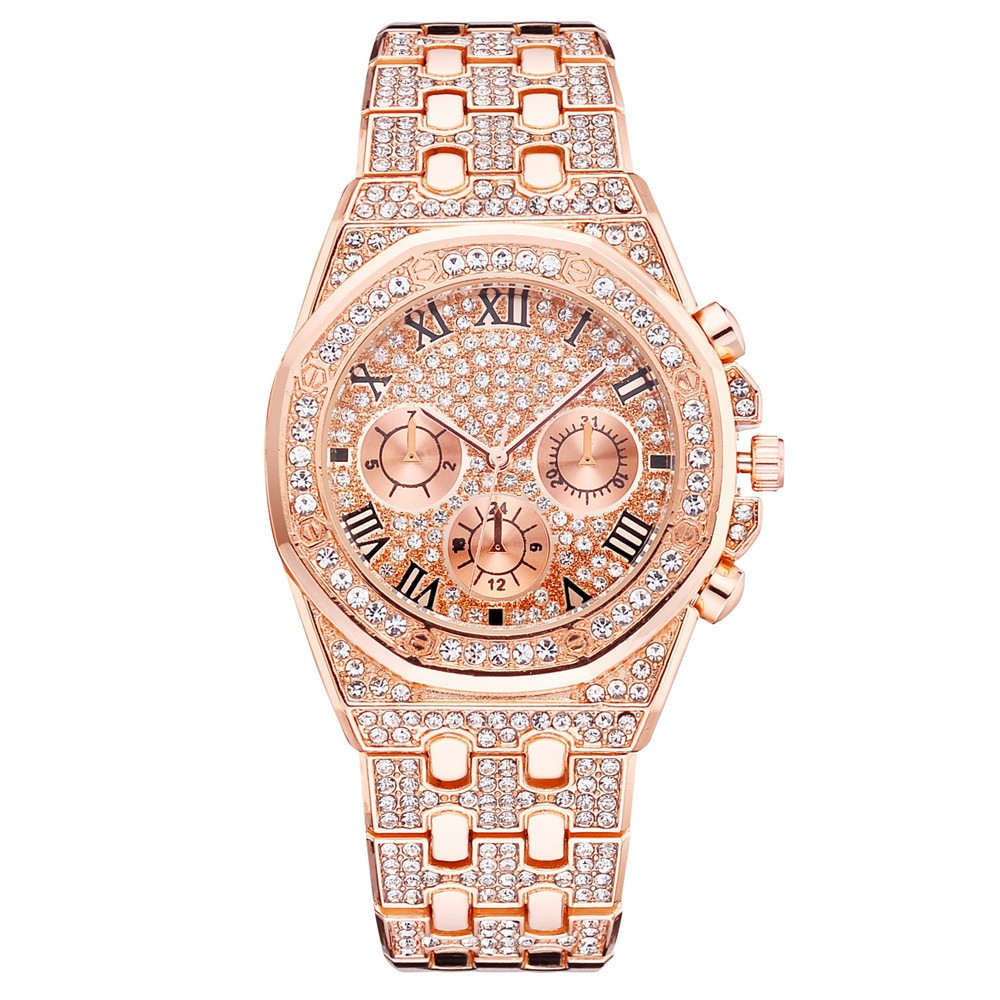 TianYu Mall】Men's Watch Fashion Luxury Three-eye Full Diamond Roman Pattern Stainless Steel Diamond Multi-function Casual Quartz Watch
