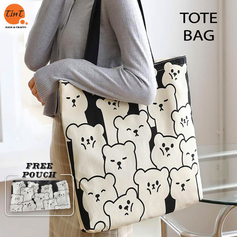 Trendy Top Handle Panda Design Black Color Tote Canvas Bag with Mini Pouch Shopping Bag / College / University Bag, Tote Bag, Canvas