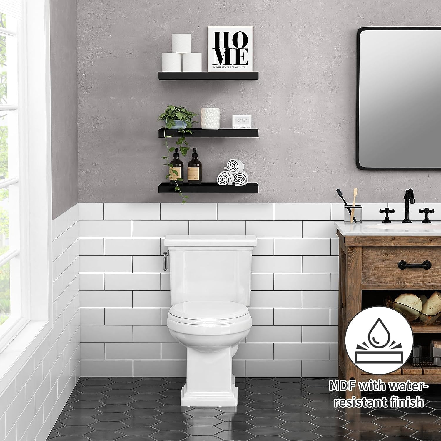 Floating Shelves for Wall Set of 3, Bathroom Shelves Wall Mounted Over Toilet 3 Same Size Board 12/6'', Wood Hanging Shelf for Bedroom Corner, Living Room Picture Frames, Office Bookshelf, Kitchen Sto