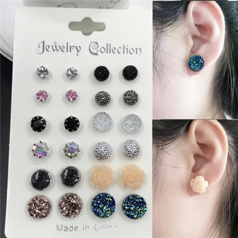 12 Pairs Fashion Crystal Earrings Set Women Jewelry Accessories Ball Piercing Stud Earring