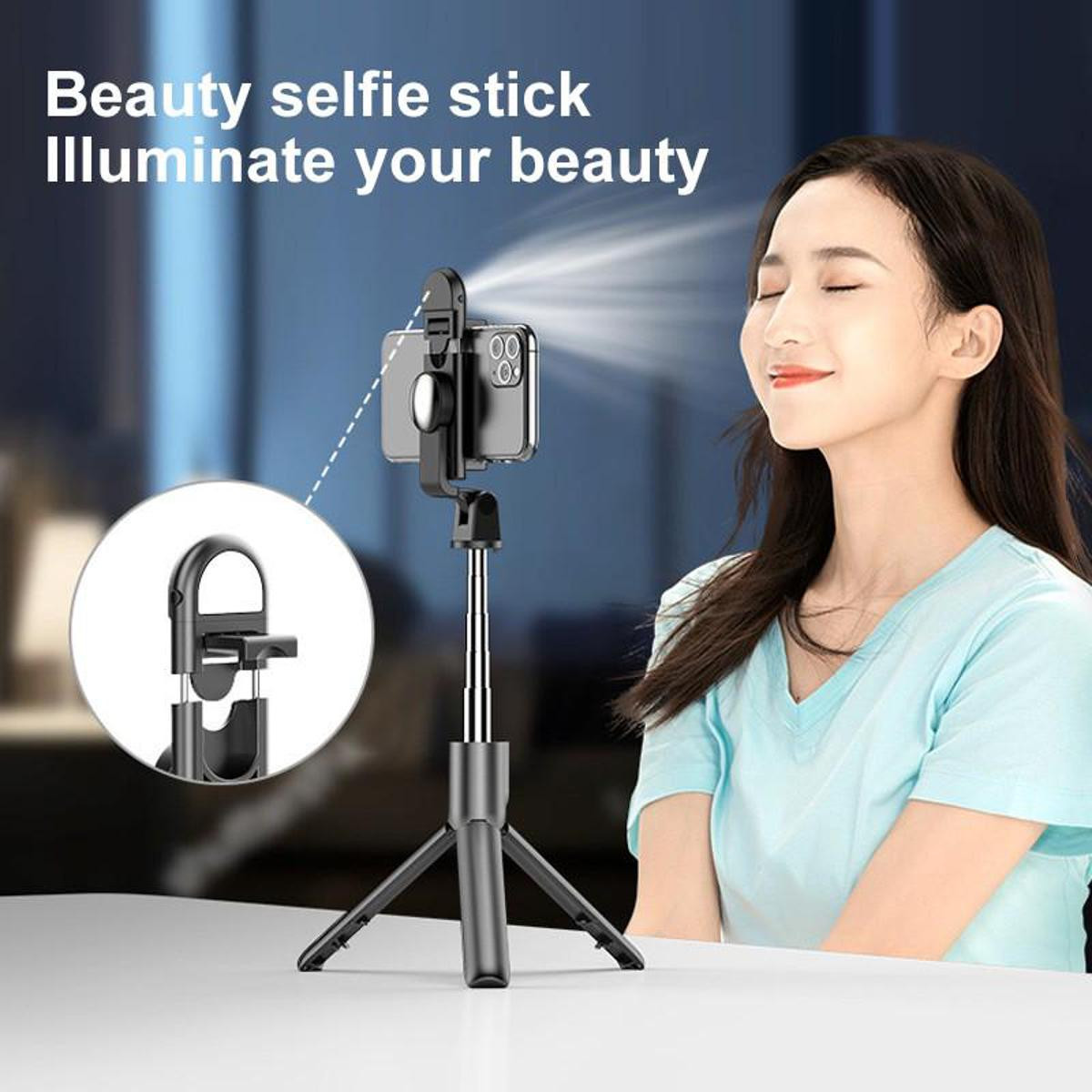 Q07 (100cm) Bluetooth Integrated Selfie Stick with Light and Bluetooth Remote Control-ASBD