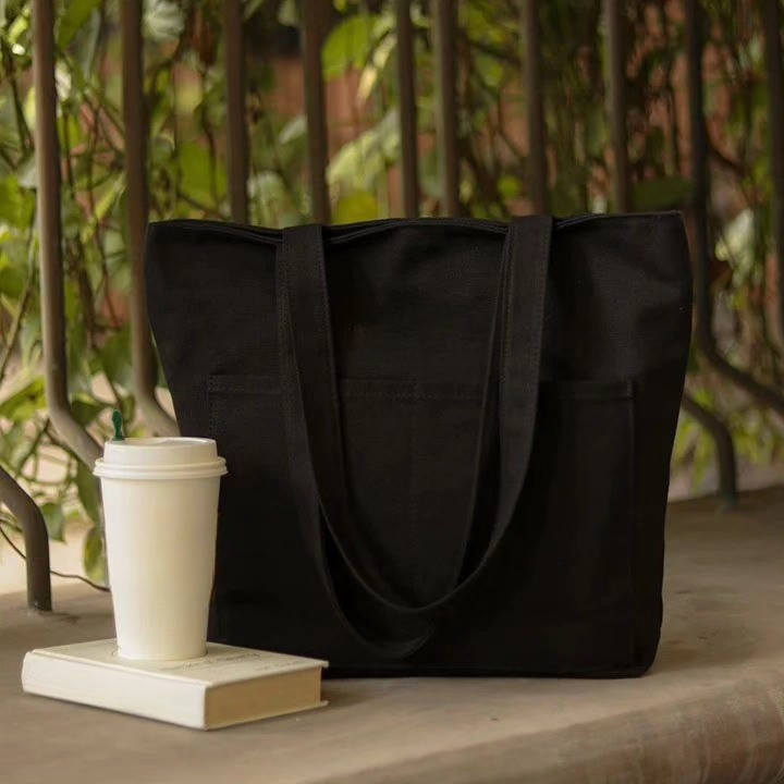 Canvas Tote Bag with Zipper and Outside Big Pockets Off White Color for Trendy fashionable Girls/Stylish Canvas Tote Bag for Women