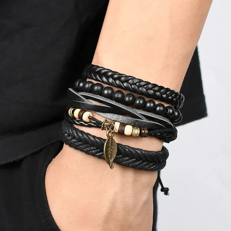 4Pcs/ Set Braided Wrap Leather Bracelets for Men Women Vintage Wooden Beads Ethnic Tribal Wristbands Bracelet Rudder