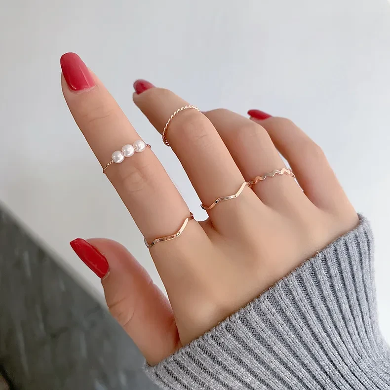 Pink 5 Piece/Set General Fashion Multi-Style Finger Rings For Female Girls - Elevate Style Set Of 5 Pink Multi-Style Finger Rings