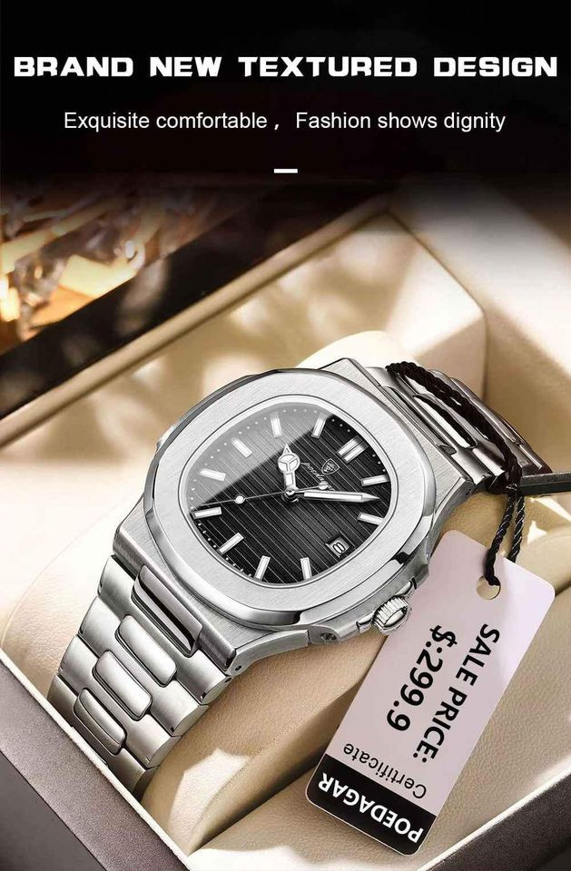 POEDAGAR Luxury Watch Business Waterproof Male Clock Luminous Date Stainless Steel Square Quartz Men Watch 613