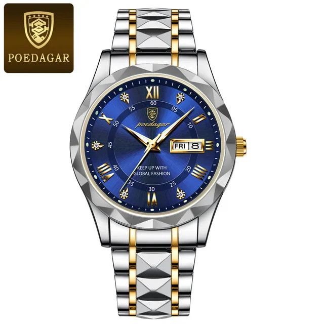 POEDAGAR 615 Diamond Cut Watch For Men Waterproof Calendar Luminous Stainless Steel Band Wrist Watch Fashion Business Quartz Watch Man