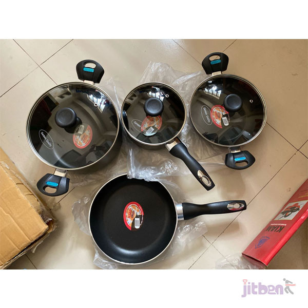 Kiam Non Stick 7 Pcs Cookware Set For Superior Release -1Pc Casserol, 1Pc Fry pan, 1Pc Karai and 1Pc Milk pan with 3 lids