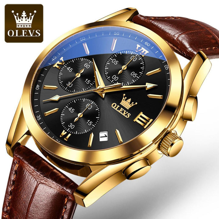 Olevs leather waterproof quartz fashion clocks for men - Contains enduring appeal and value - Creative and unique design elements