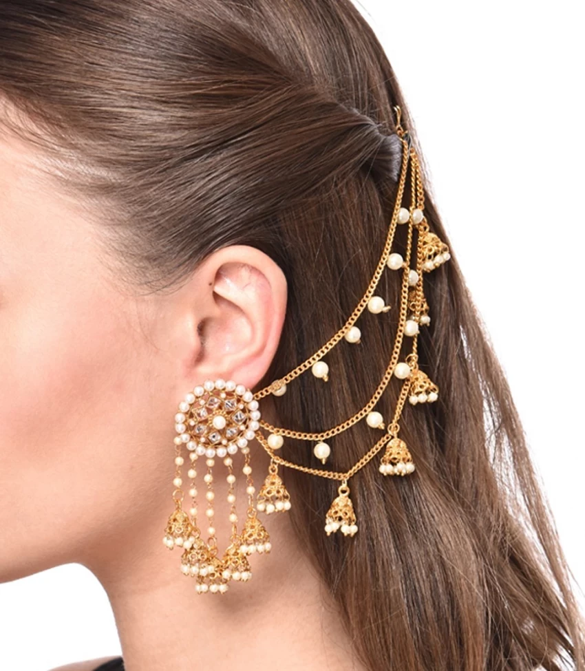 Indian Bollywood Gold Plated Kaan Chain Bahubali Jhumki Earrings Tana/Pearl Ear Chain, Ear Support For Women/Girls - Add A Touch Of Glamour