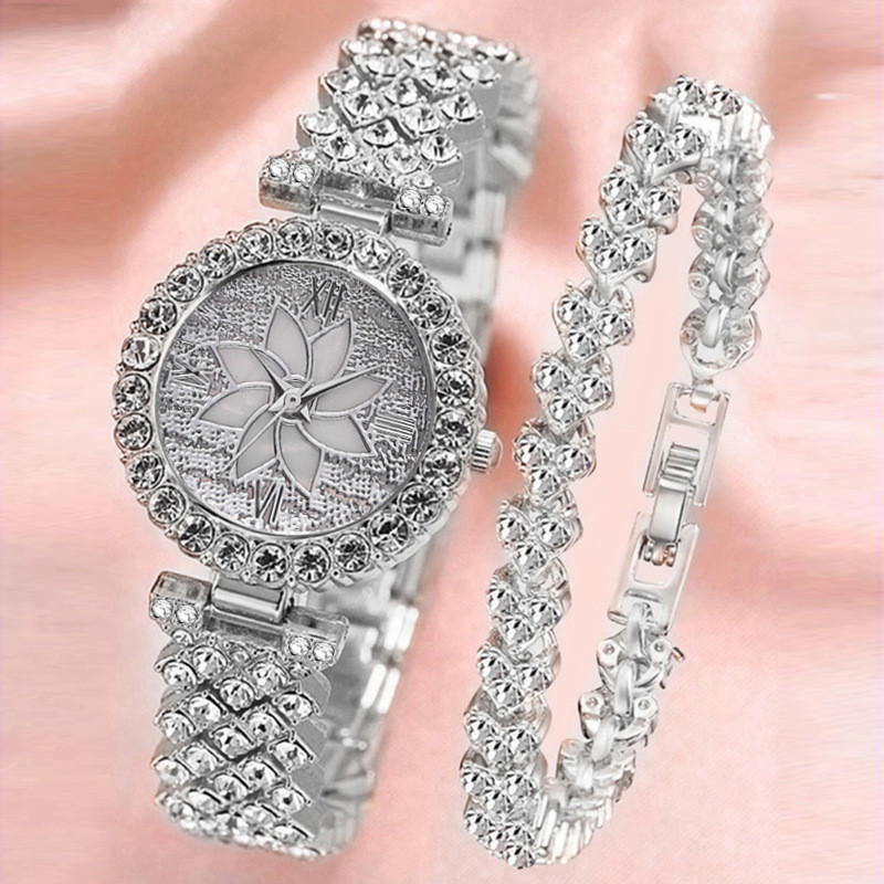 Fashion Diamond Petal Quartz Watch and Bracelet 2pcs Set for Women Girl Casual Watches