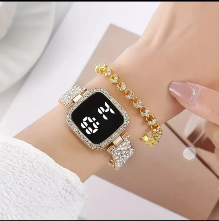 LED Display Digital Touch Screen Wristwatch & Bracelet For Women 2Pcs Combo